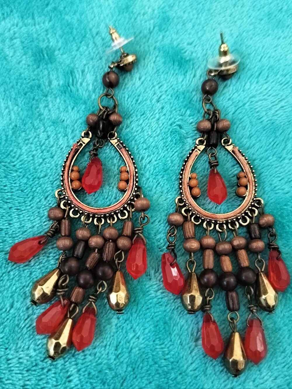 Bohemian Red Teardrop Chandelier Earrings - Unbranded